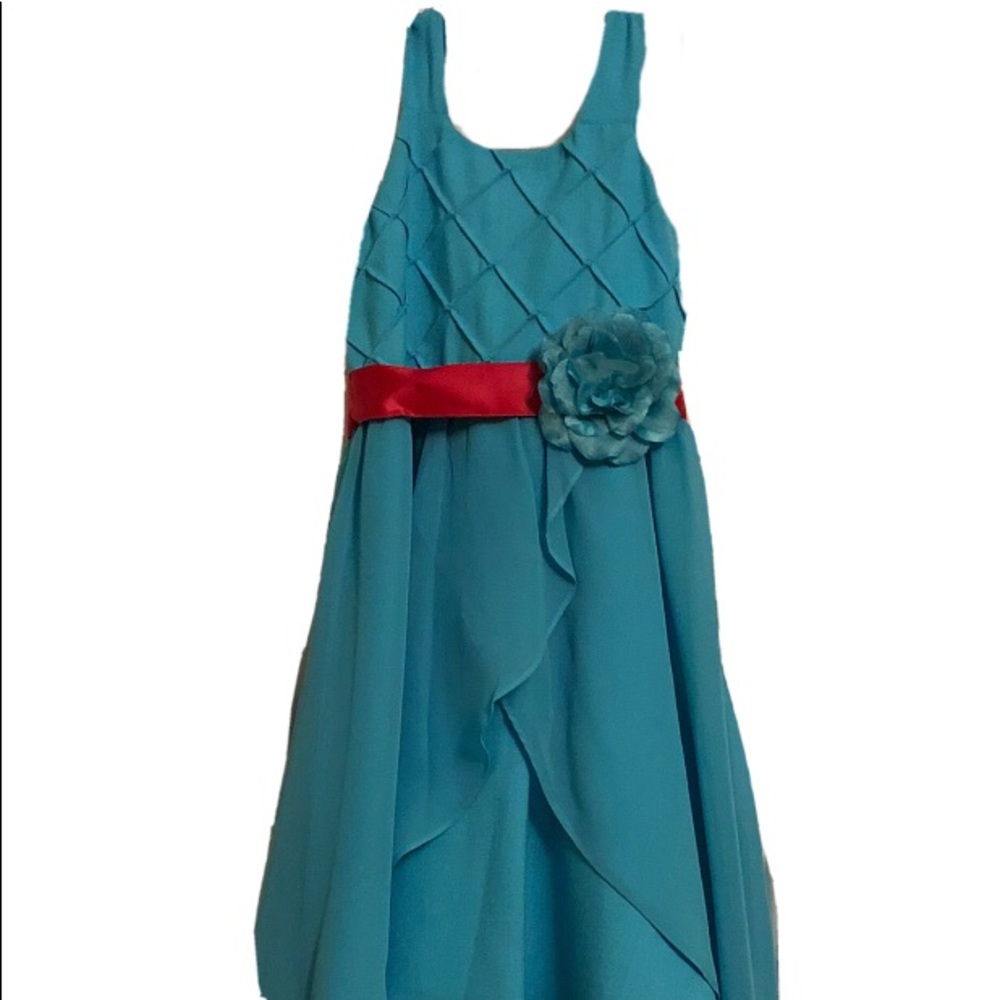 Cute blue girls dress red ribbon